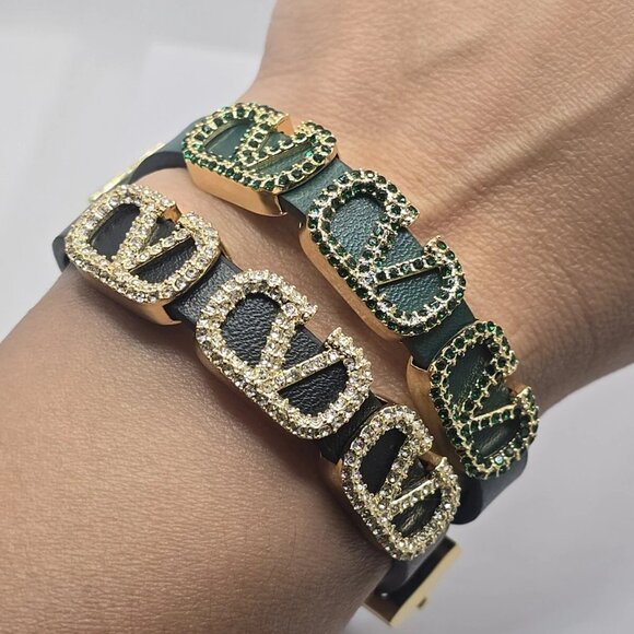 Valentino V Logo Signature Leather Bracelet in Black or Green - Picture 9 of 16